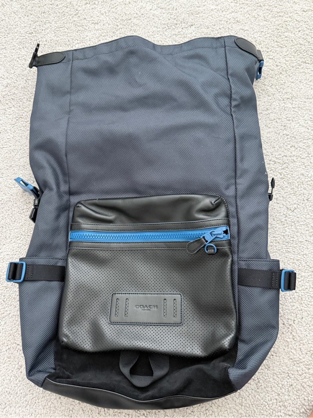 Coach Men's Dark Gray Backpack with Blue Accents